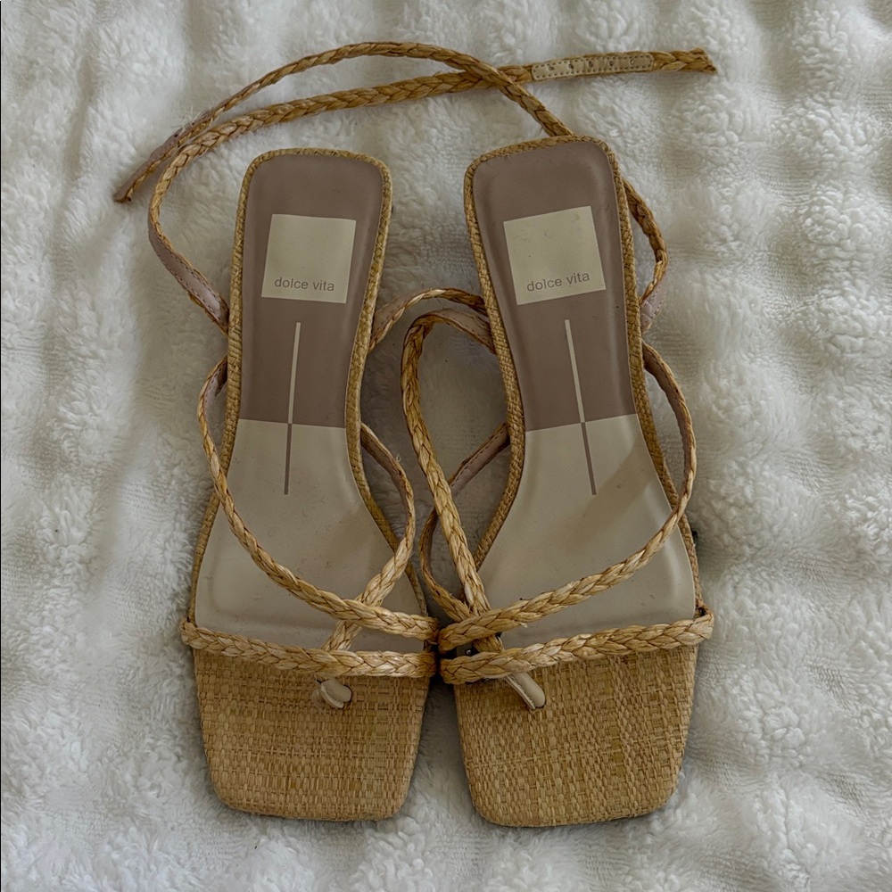 Dolce Vita Woven Straw Lace-Up Heeled Sandals in Natural Tan